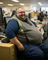 une graisse homme séance sur une bureau génératif ai photo