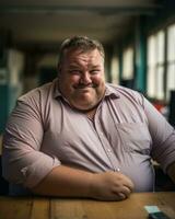 une homme dans une rose chemise séance à une table génératif ai photo