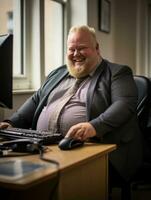 une homme dans une costume séance à une bureau dans de face de une ordinateur génératif ai photo
