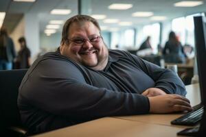 une homme séance à une bureau avec une sourire sur le sien visage génératif ai photo