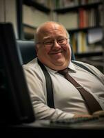 une homme séance à une bureau avec une sourire sur le sien visage génératif ai photo