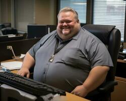 une homme séance à une bureau avec une ordinateur dans de face de lui génératif ai photo