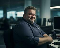 une homme séance à une bureau génératif ai photo