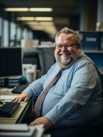 une homme séance à une bureau génératif ai photo