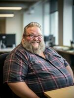 une homme avec une barbe et des lunettes séance à une bureau génératif ai photo