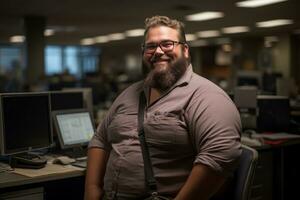 une homme avec une barbe et des lunettes séance à une bureau génératif ai photo