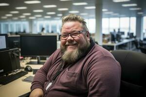 une homme avec une barbe et des lunettes séance à une bureau génératif ai photo