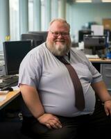 une homme avec une barbe et attacher séance à une bureau génératif ai photo