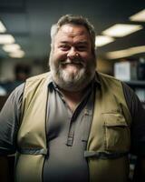 une homme avec une barbe permanent dans un Bureau génératif ai photo