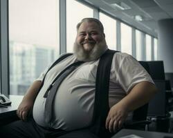 une homme avec une gros ventre séance dans un Bureau génératif ai photo