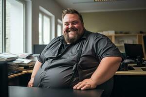 une graisse homme séance à une bureau dans un Bureau génératif ai photo