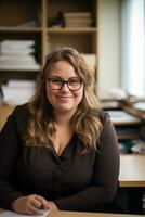 une souriant femme dans des lunettes séance à une bureau génératif ai photo