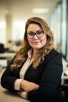 portrait de une affaires femme avec des lunettes permanent dans un Bureau génératif ai photo