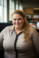 une femme dans un Bureau posant pour le caméra génératif ai photo