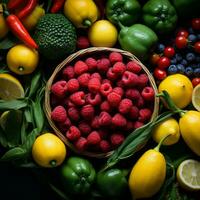 une panier plein de framboises citrons et autre des fruits génératif ai photo