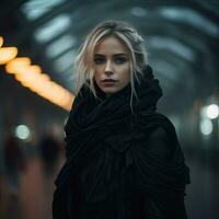 une magnifique blond femme dans une noir manteau permanent dans une foncé tunnel génératif ai photo