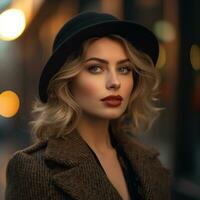 une magnifique blond femme dans une noir chapeau et manteau génératif ai photo