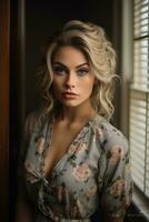 une magnifique blond femme dans une floral robe permanent dans de face de une fenêtre génératif ai photo