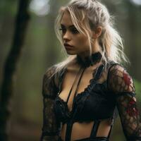 une magnifique blond femme dans une gothique tenue dans le les bois génératif ai photo