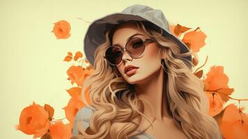 une magnifique blond femme dans une chapeau et des lunettes de soleil génératif ai photo