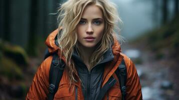 une magnifique blond femme dans un Orange veste permanent dans le les bois génératif ai photo