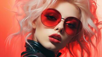 une magnifique blond femme portant rouge des lunettes de soleil et une cuir veste génératif ai photo