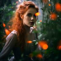 une magnifique rouge aux cheveux femme dans le les bois génératif ai photo