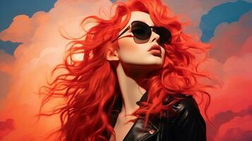une magnifique rouge aux cheveux femme avec des lunettes de soleil et une noir cuir veste génératif ai photo