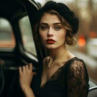 une magnifique femme dans une noir robe et chapeau séance dans le retour de un vieux voiture génératif ai photo
