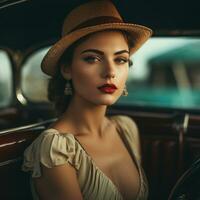 une magnifique femme dans une chapeau séance dans un vieux voiture génératif ai photo