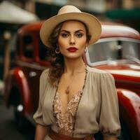 une magnifique femme dans une chapeau et robe posant dans de face de un vieux voiture génératif ai photo