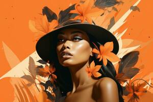 une magnifique femme dans une chapeau avec fleurs sur un Orange Contexte génératif ai photo