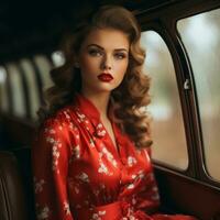 une magnifique femme dans une rouge robe séance dans une voiture génératif ai photo