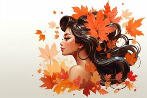 une magnifique femme avec l'automne feuilles dans sa cheveux génératif ai photo