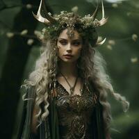une magnifique femme avec cornes sur sa tête dans une forêt génératif ai photo