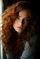 une magnifique femme avec longue rouge cheveux à la recherche en dehors le fenêtre génératif ai photo