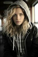 une magnifique Jeune femme dans une sweat à capuche séance sur une train génératif ai photo