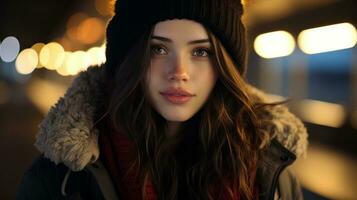 une magnifique Jeune femme dans une hiver chapeau et manteau génératif ai photo