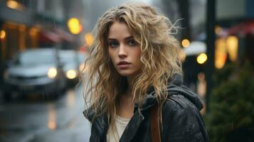 une magnifique Jeune femme permanent dans le pluie sur une ville rue génératif ai photo