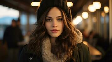 une magnifique Jeune femme portant une bonnet et veste génératif ai photo