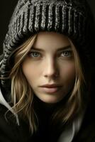 une magnifique Jeune femme avec bleu yeux dans une hiver chapeau génératif ai photo