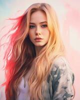 une magnifique Jeune femme avec longue blond cheveux et rose cheveux génératif ai photo