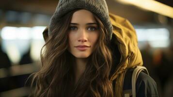 une magnifique Jeune femme avec longue marron cheveux et une bonnet génératif ai photo