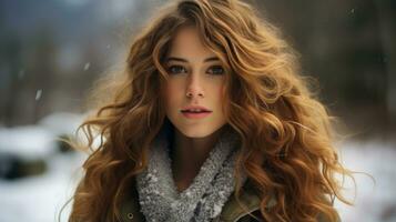 une magnifique Jeune femme avec longue rouge cheveux dans le neige génératif ai photo