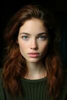 une magnifique Jeune femme avec rouge cheveux et bleu yeux génératif ai photo