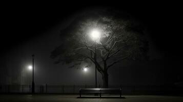 une noir et blanc photo de une banc séance en dessous de une arbre à nuit génératif ai