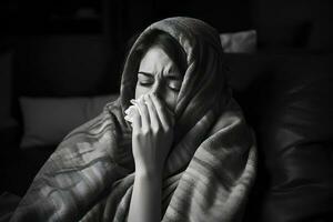 une noir et blanc photo de une femme couvert dans une couverture génératif ai