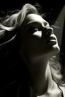 une noir et blanc photo de une femme avec sa cheveux soufflant dans le vent génératif ai