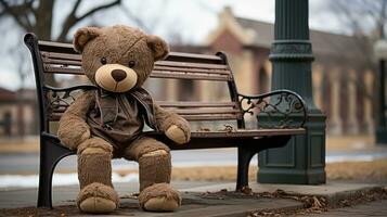 une marron nounours ours séance sur une banc génératif ai photo