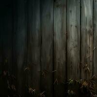 une proche en haut de une foncé bois mur avec bambou les plantes sur il génératif ai photo
